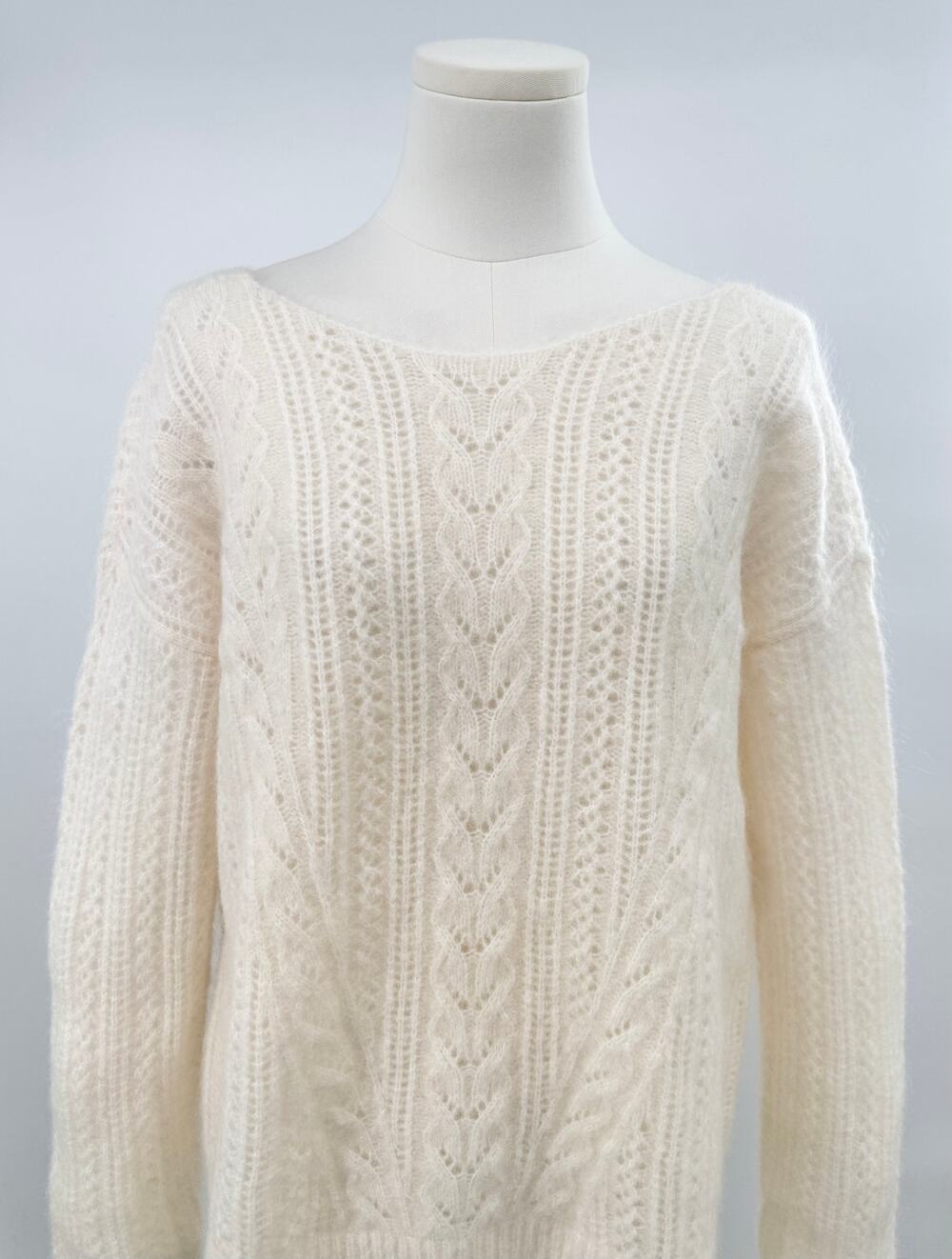 Sezane Malou Ivory Mohair Wool Sweater Pointelle Knit V-back Low back M NWT